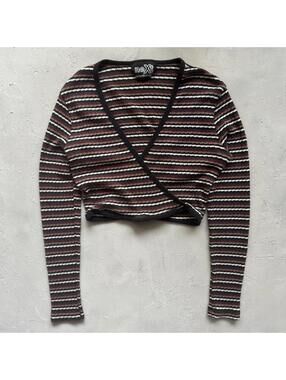 Vintage 2000s Ribbed Striped Long Sleeve Wrap Top Cropped Rave